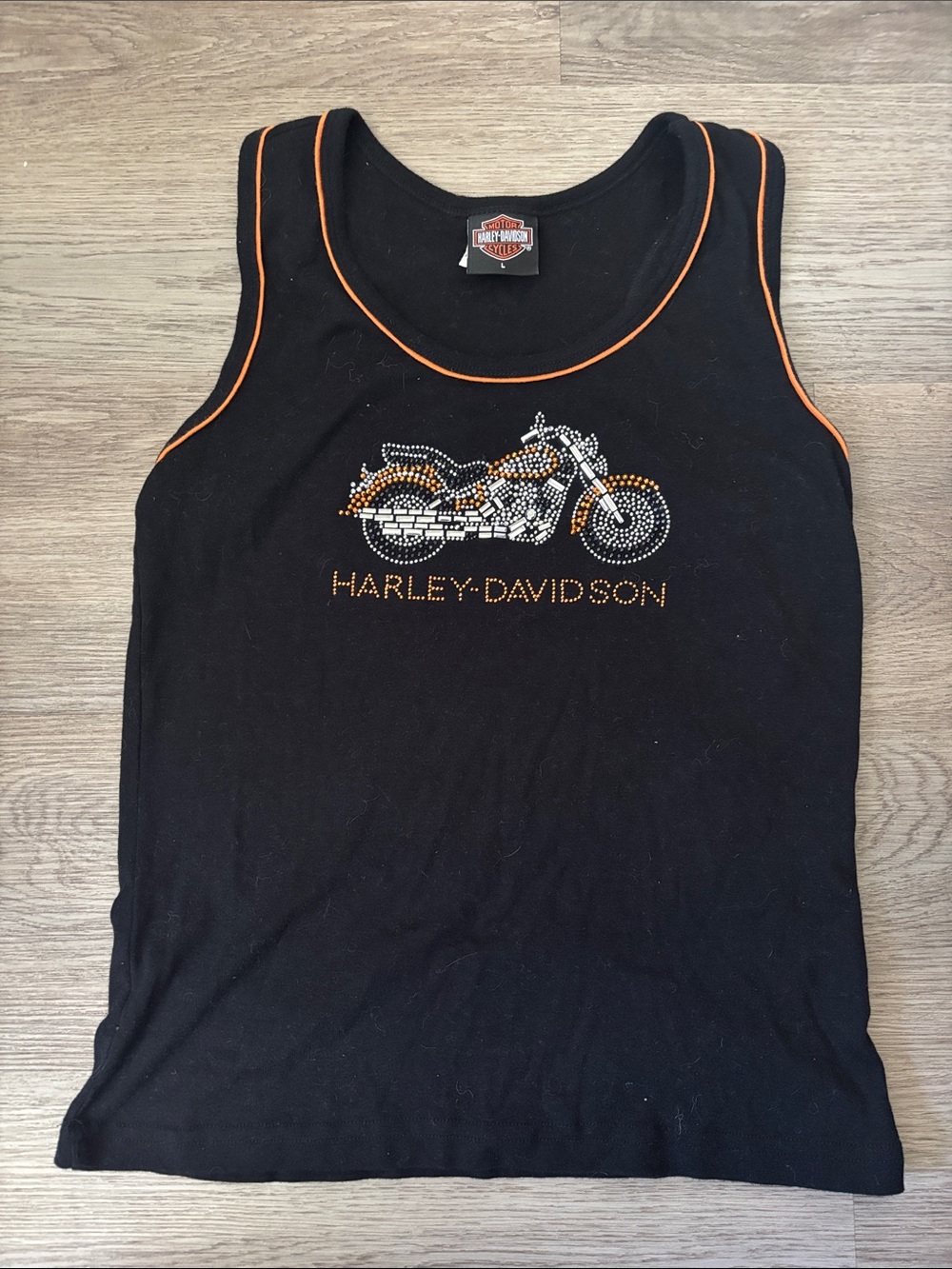 Harley-Davidson Black Tank Top with Orange Trim & Rhinestone Motorcycle